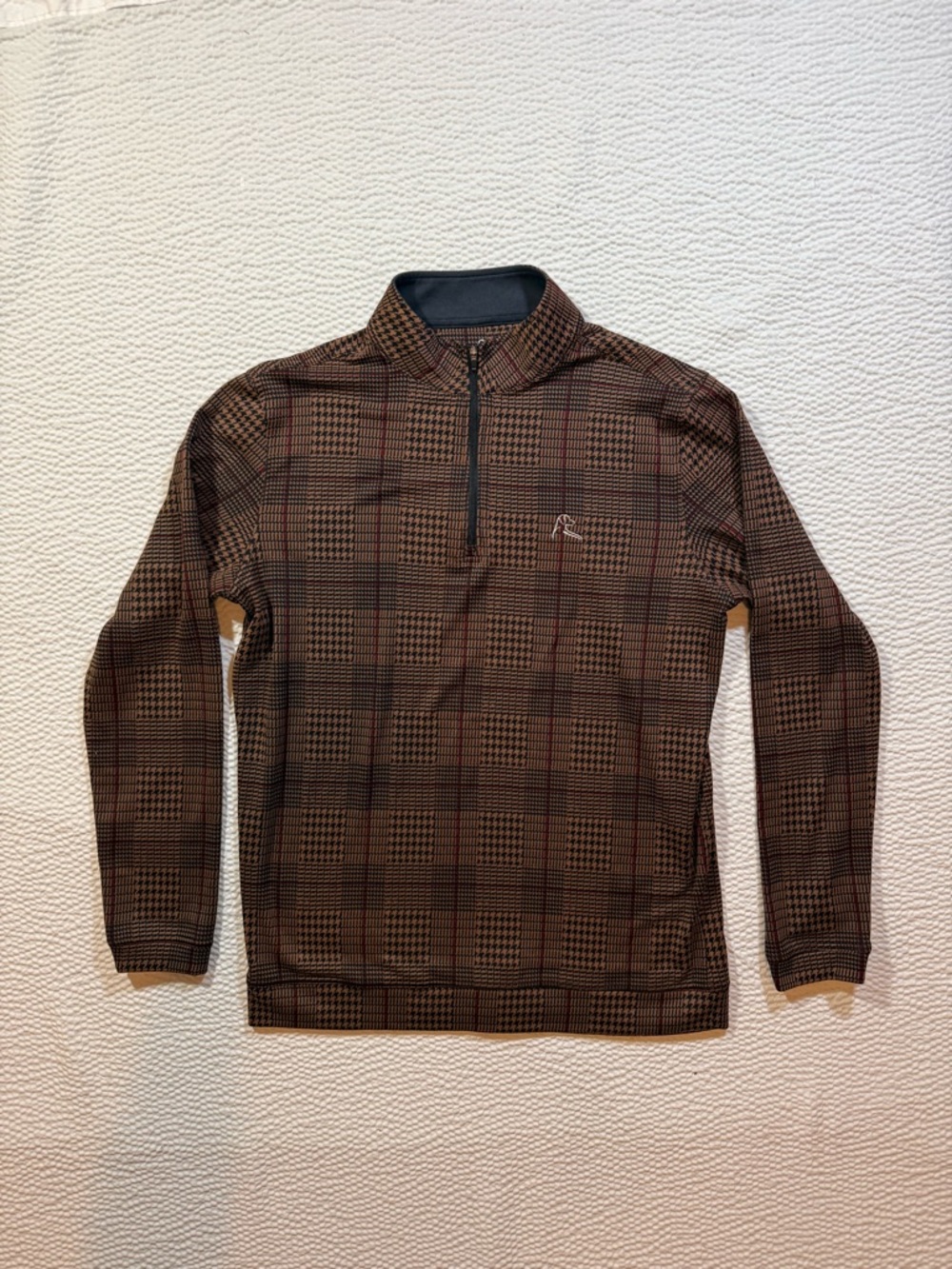 Rhoback Quarter Zip Mens Medium Golf Jacket Brown Plaid Lightweight Performance